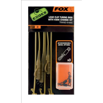 Fox Edges Lead Clip Tubing Rigs with Kwik Change Kit Trans Khaki 3 Stks